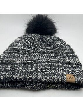 David & Young Women's Black White Marled Knit Beanie Hat with Faux Fur Pom-Pom